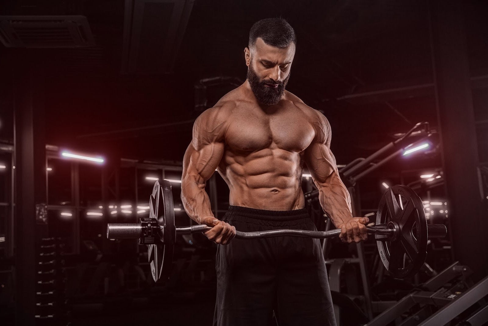 Muscular man doing barbell curls